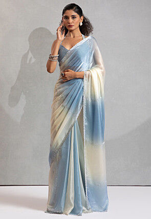 Embellished Satin Georgette Saree in Light Blue and Off White