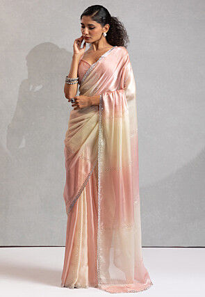 Embellished Satin Georgette Saree in Peach and Off White