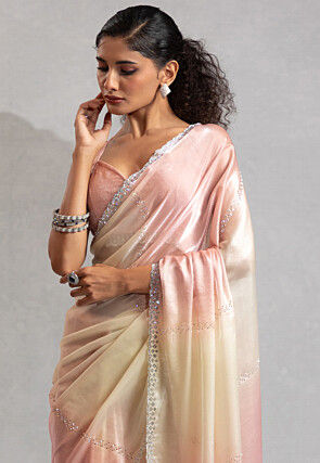 Embellished Satin Georgette Saree in Peach and Off White