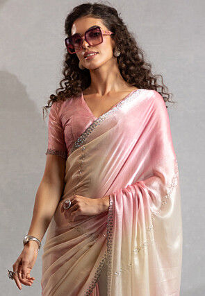 Embellished Satin Georgette Saree in Pink and Off White
