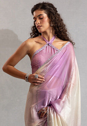 Embellished Satin Georgette Saree in Purple and Off White
