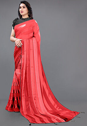 Embellished Satin Georgette Saree in Red