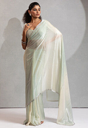 Embellished Satin Georgette Saree in Sea Green and Off White