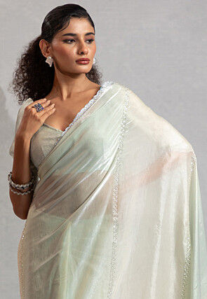 Embellished Satin Georgette Saree in Sea Green and Off White