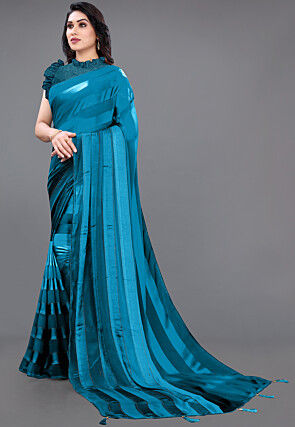 Embellished Satin Georgette Saree in Teal Blue