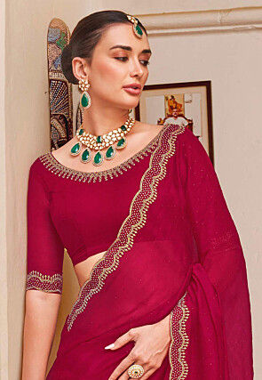Embellished Satin Georgette Scalloped Saree in Fuchsia