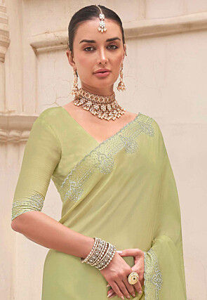 Embellished Satin Georgette Scalloped Saree in Light Green