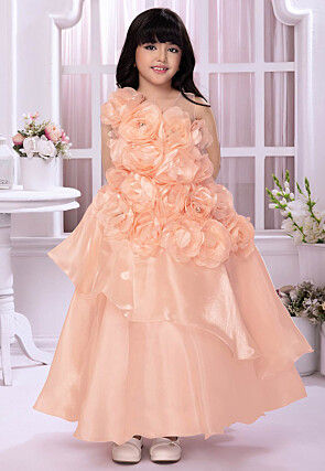 Embellished Satin Gown in Peach