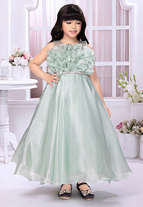 Embellished Satin Gown in Sea Green