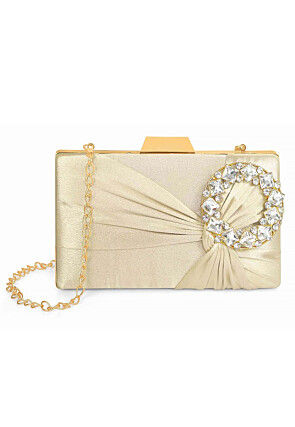Embellished Satin Rectangular Clutch with Detachable Chain Strap in Cream