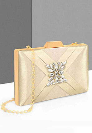 Embellished Satin Rectangular Clutch with Detachable Chain Strap in Cream
