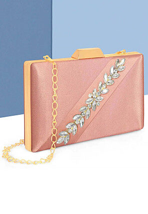 Embellished Satin Rectangular Clutch with Detachable Chain Strap in Peach