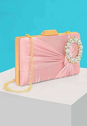 Embellished Satin Rectangular Clutch with Detachable Chain Strap in Pink