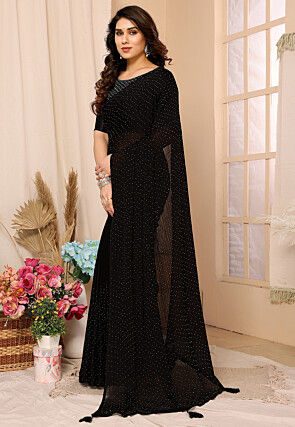 Embellished Satin Saree in Black