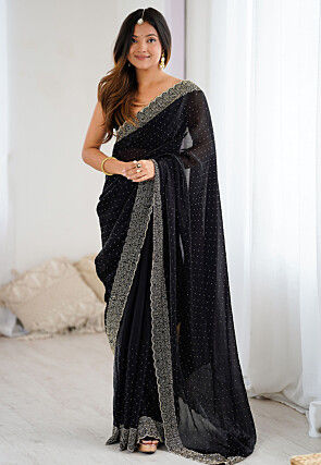 Embellished Satin Saree in Black