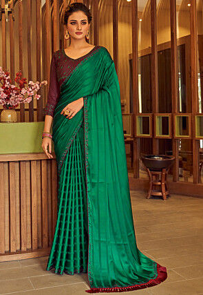 Embellished Satin Saree in Green