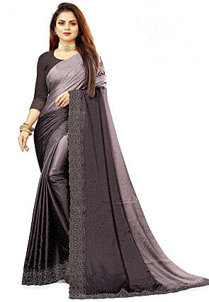 Embellished Satin Saree in Grey Ombre