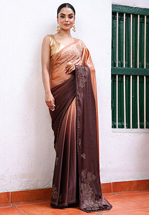 Embellished Satin Saree in Peach and Wine