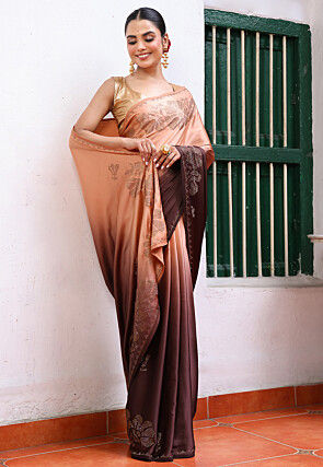 Embellished Satin Saree in Peach and Wine