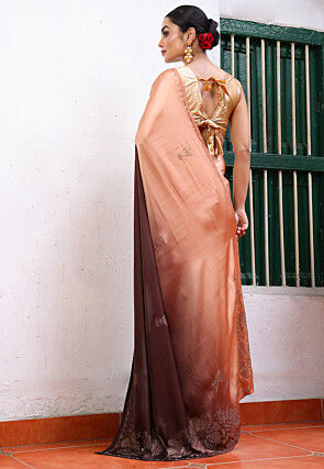 Embellished Satin Saree in Peach and Wine