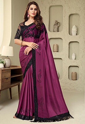Embellished Satin Saree in Purple