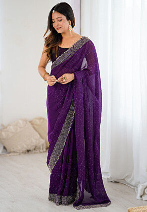 Embellished Satin Saree in Purple