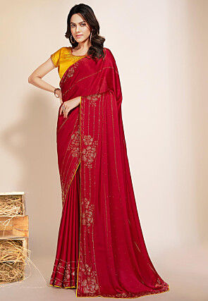 Embellished Satin Saree in Red