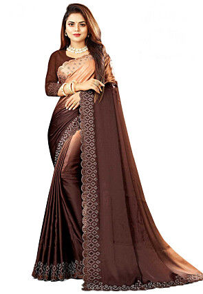 Embellished Satin Saree in Shaded Peach and Brown