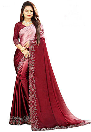 Embellished Satin Saree in Shaded Peach and Maroon
