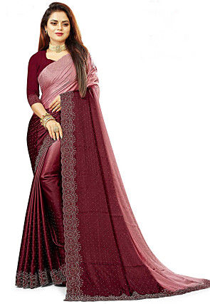 Embellished Satin Saree in Shaded Pink and Maroon