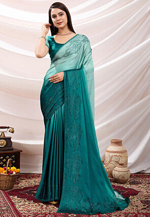 Embellished Satin Saree in Shaded Teal Green