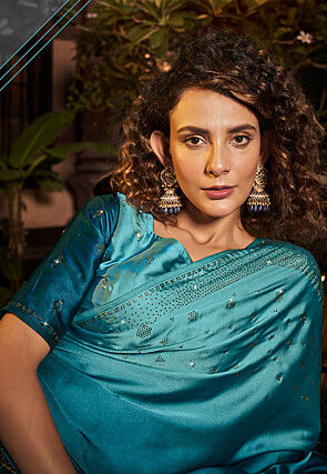 Embellished Satin Saree in Teal Blue Ombre