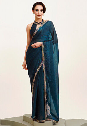 Embellished Satin Saree in Teal Blue