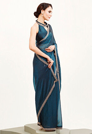 Embellished Satin Saree in Teal Blue