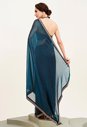 Embellished Satin Saree in Teal Blue