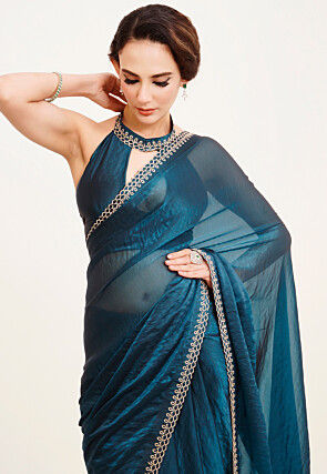 Embellished Satin Saree in Teal Blue