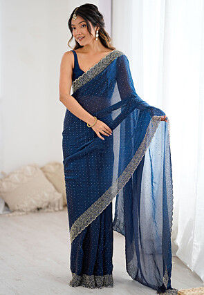 Embellished Satin Saree in Teal Blue