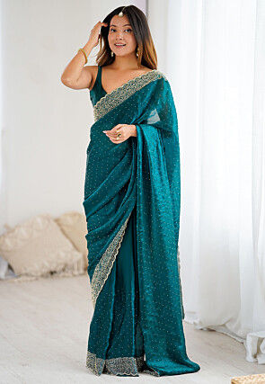 Embellished Satin Saree in Teal Blue