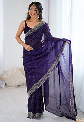 Embellished Satin Saree in Violet