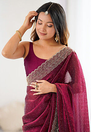 Embellished Satin Saree in Wine