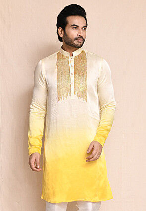 Embellished Satin Silk Kurta in Yellow Ombre