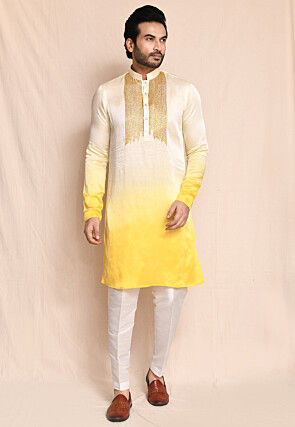 Embellished Satin Silk Kurta Set in Yellow Ombre