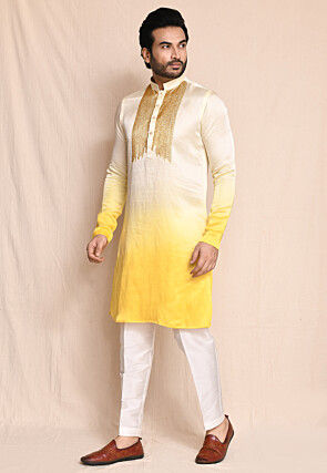 Embellished Satin Silk Kurta Set in Yellow Ombre