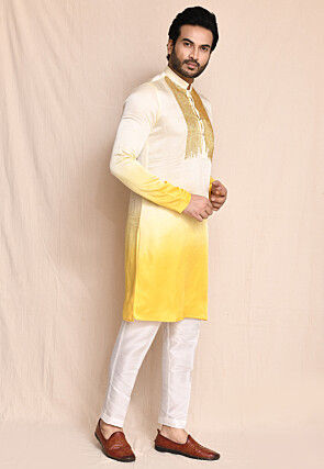 Embellished Satin Silk Kurta Set in Yellow Ombre