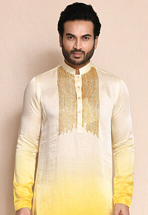Embellished Satin Silk Kurta Set in Yellow Ombre