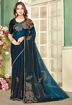 Embellished Satin Georgette Saree in Dark Teal Blue
