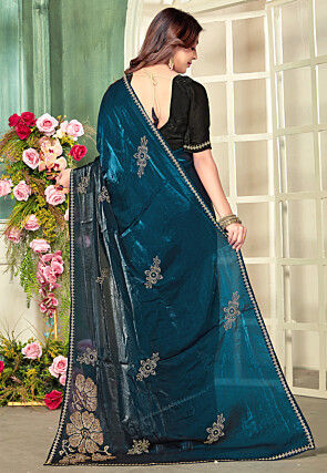Embellished Satin Georgette Saree in Dark Teal Blue