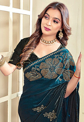 Embellished Satin Georgette Saree in Dark Teal Blue