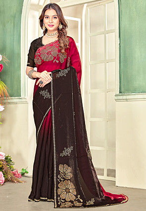 Embellished Satin Georgette Saree in Fuchsia and Black