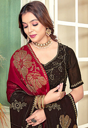 Embellished Satin Georgette Saree in Fuchsia and Black